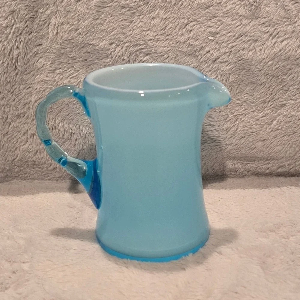 Vtg Fenton Blue Opalescent Glass Creamer Pitcher w/ Bamboo Style Applied Handle